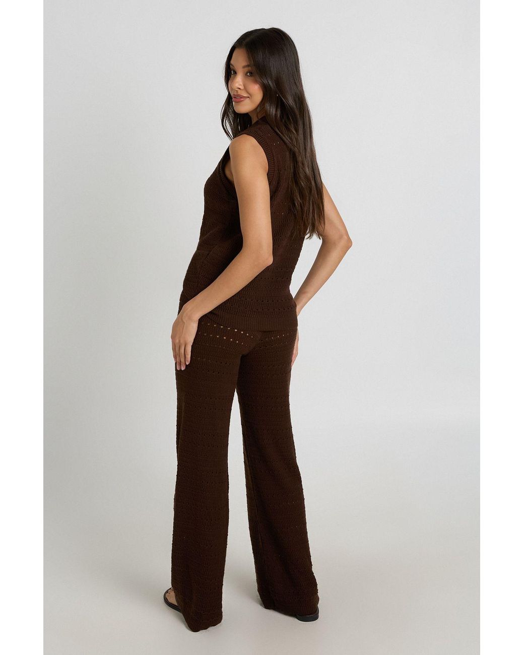 Boohoo Brown Crochet Knit Longline Top And Trouser Co-Ord
