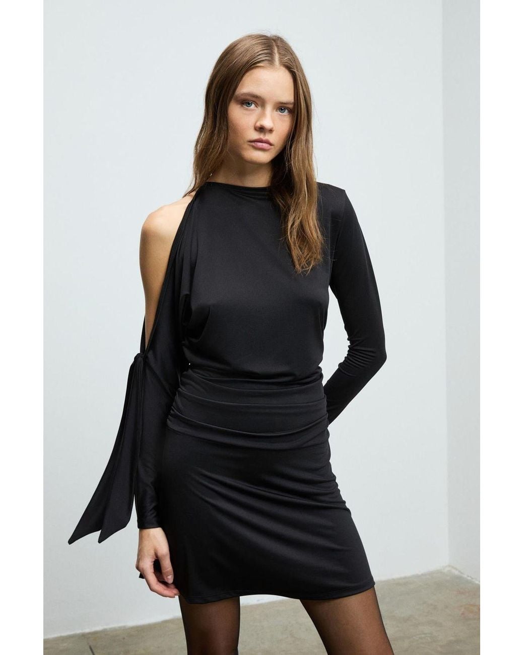 Grimelange Black One-Shoulder Tie Detail Mini Dress