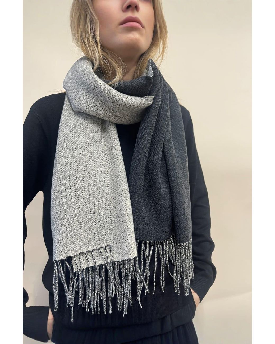 SVNX Blue Reversible Two-Tone Cashmere Blend Scarf With Tassels