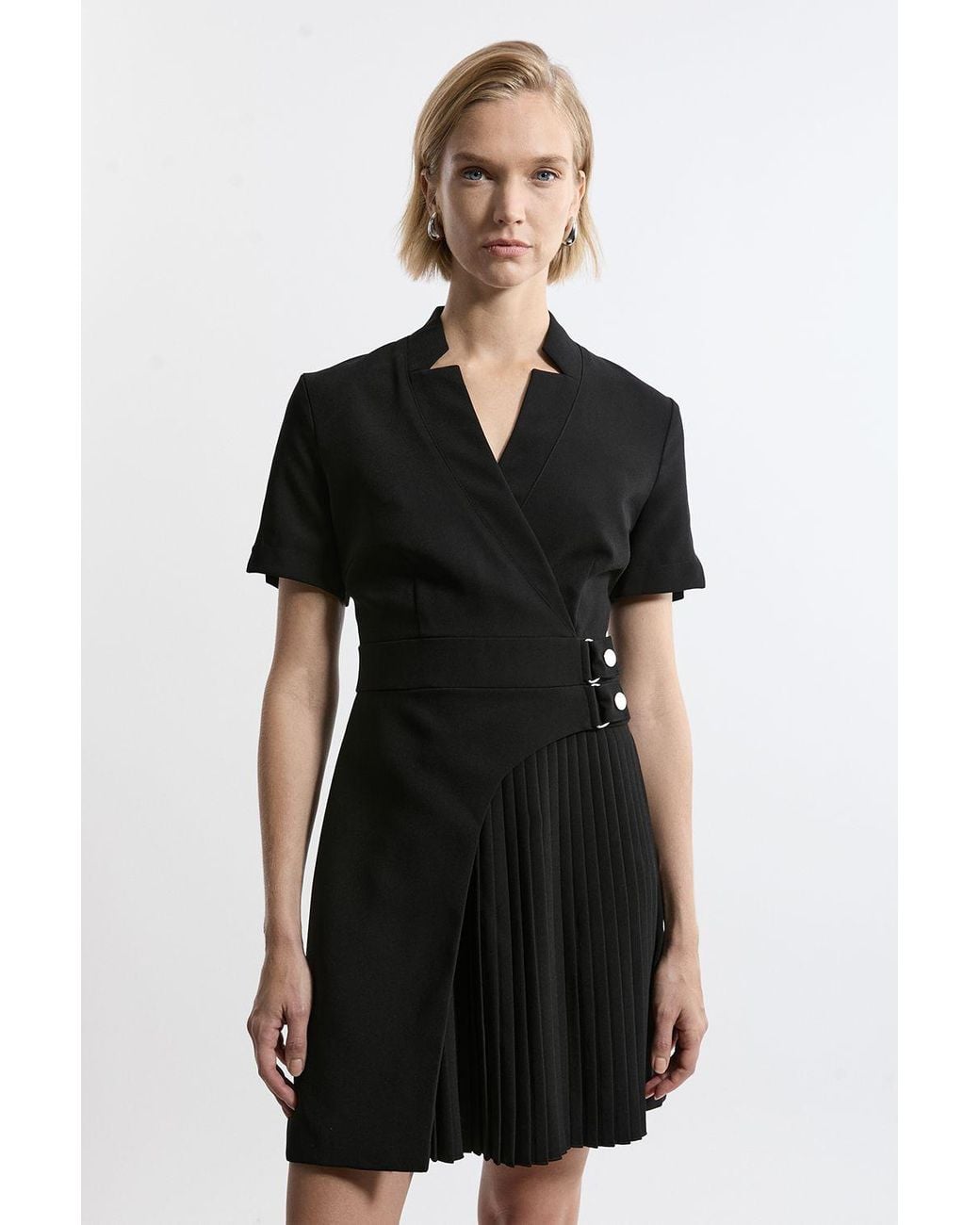 Karen Millen Black Tailored Crepe Military Pleat Notch Neck Wrap Mini Dress