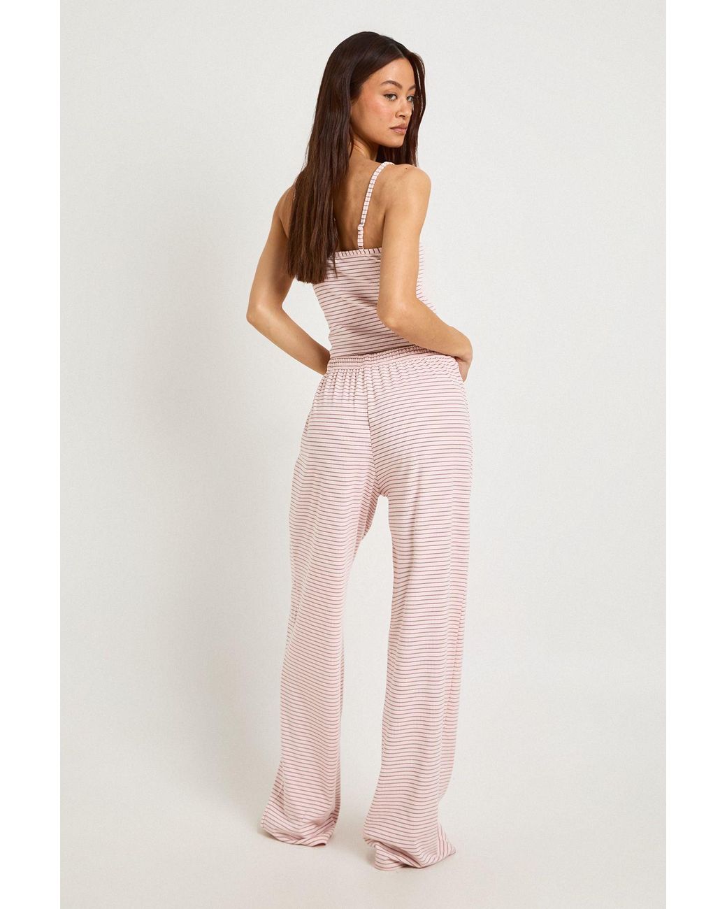 Boohoo Pink Tall Soft Rib Stripe Cami & Trouser Pyjama Set