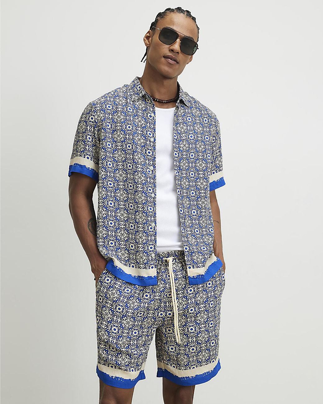 River Island Blue Shorts Tile Print Drawstring Del Maar Viscose for men