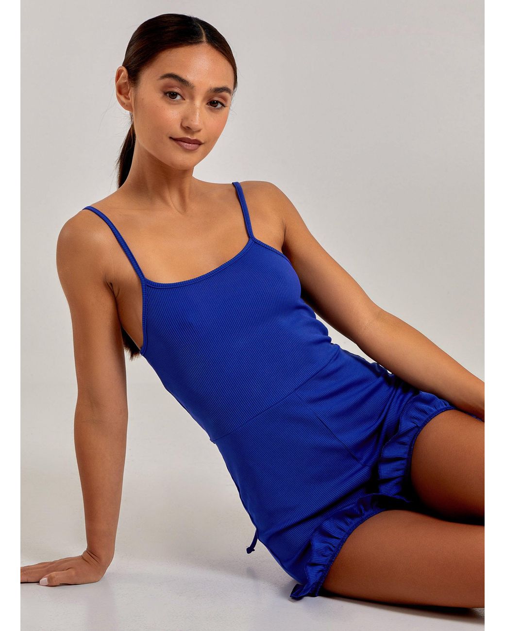 Pink Vanilla Blue Ribbed Playsuit With Tie