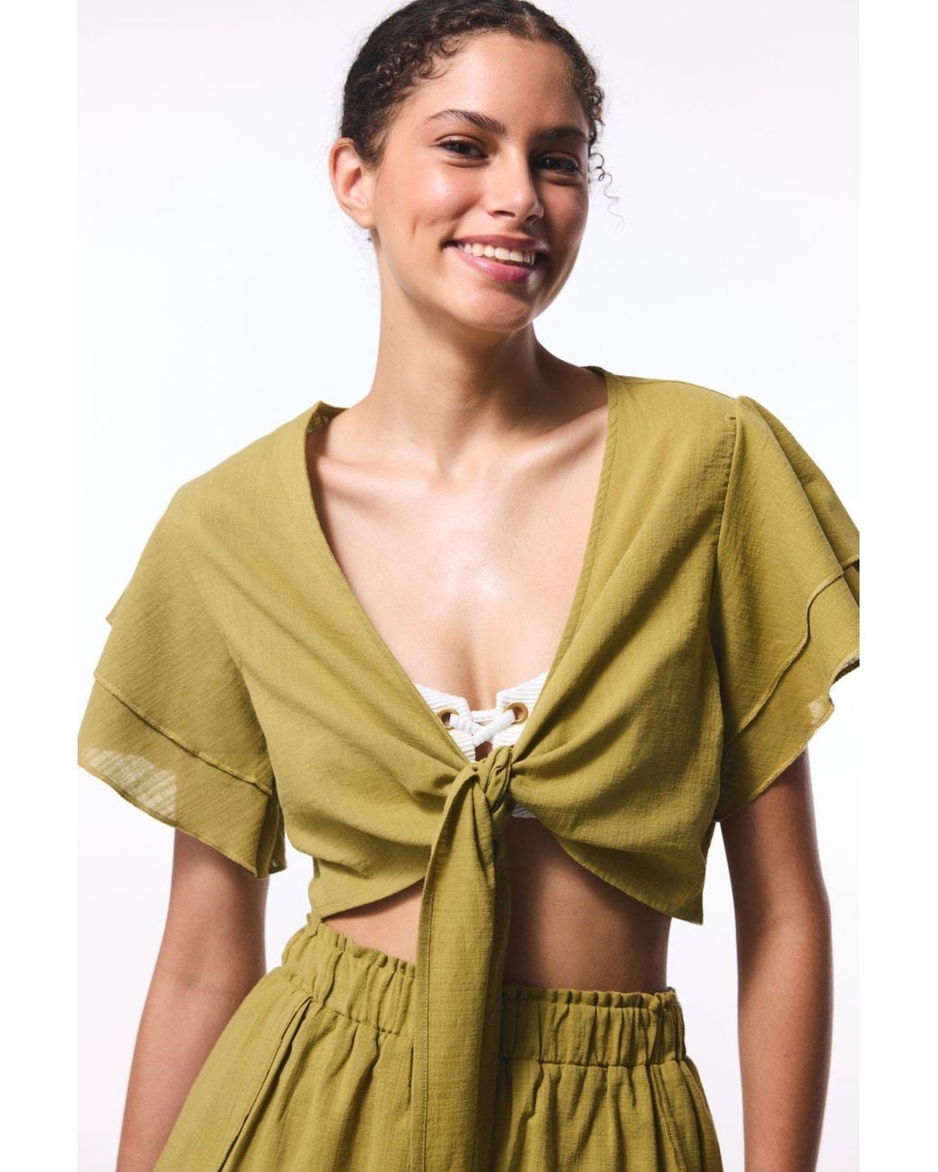 Penti Green Cotton Crop Bodysuit With Tie Detail