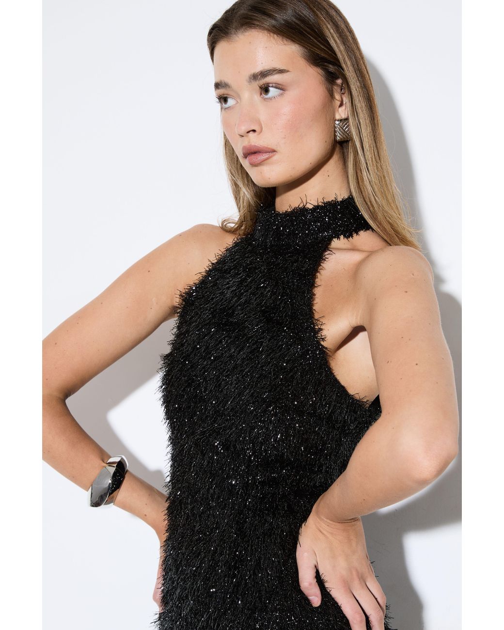 MissPap Black Premium Textured Shimmer Midi Dress