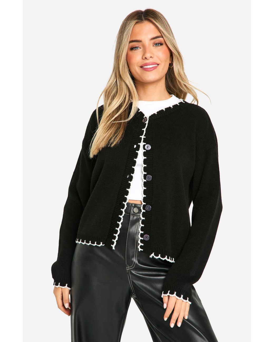Boohoo Black Blanket Stitch Knitted Crop Cardigan