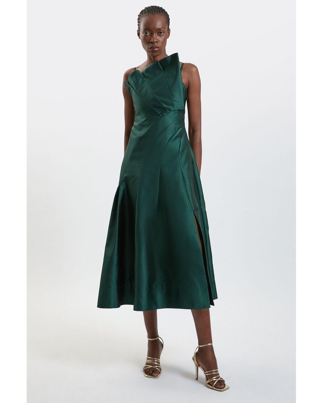 Karen Millen Green Structured Satin Asymmetric Full Maxi Dress