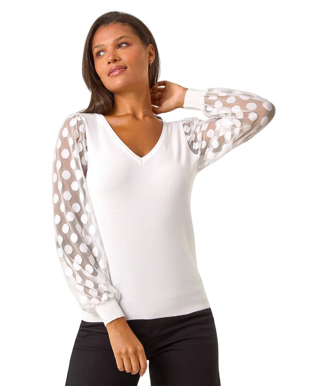 Roman White Polka Dot V-Neck Sleeve Knit Jumper