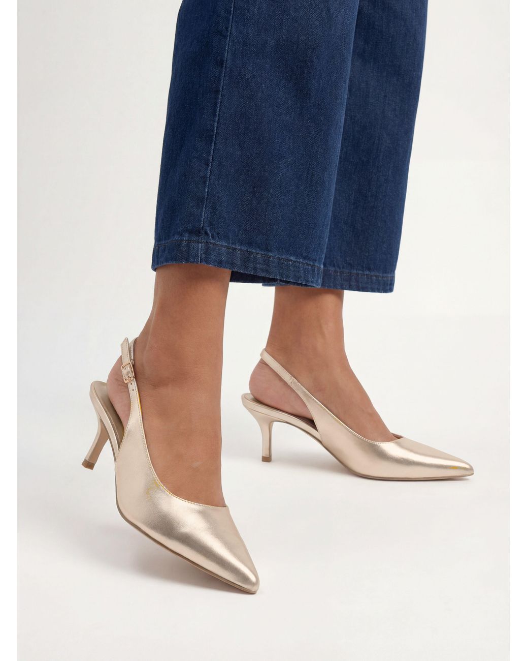 Oasis Blue Jess Faux Metallic Leather Kitten Heel Slingback Court Shoes