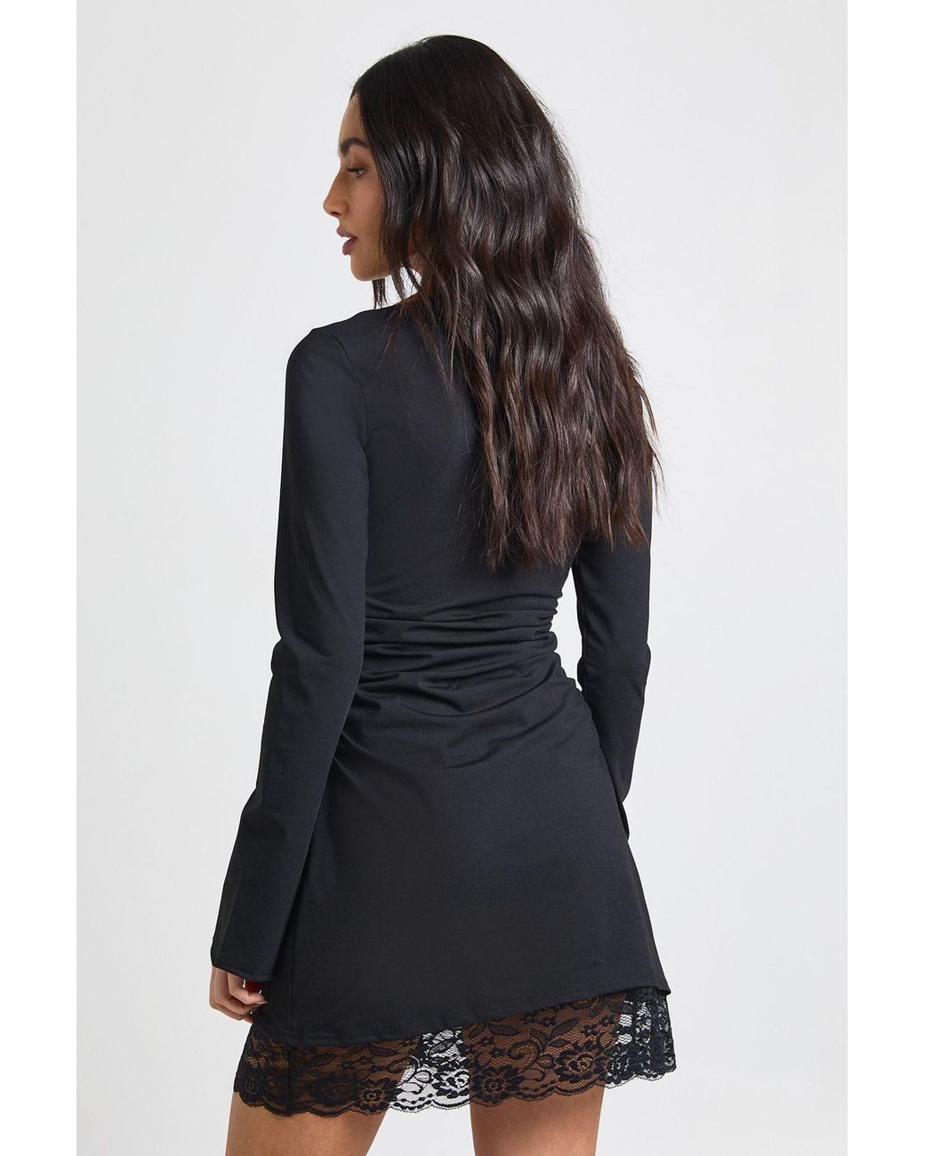 Boohoo Blue Boat Neck Ruched Side Lace Hem Dress
