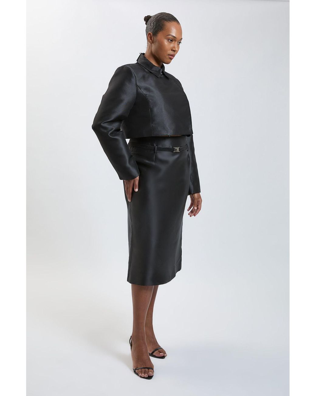 Karen Millen Black Plus Size Forever Satin Twill Cropped Wrap Tailored Jacket