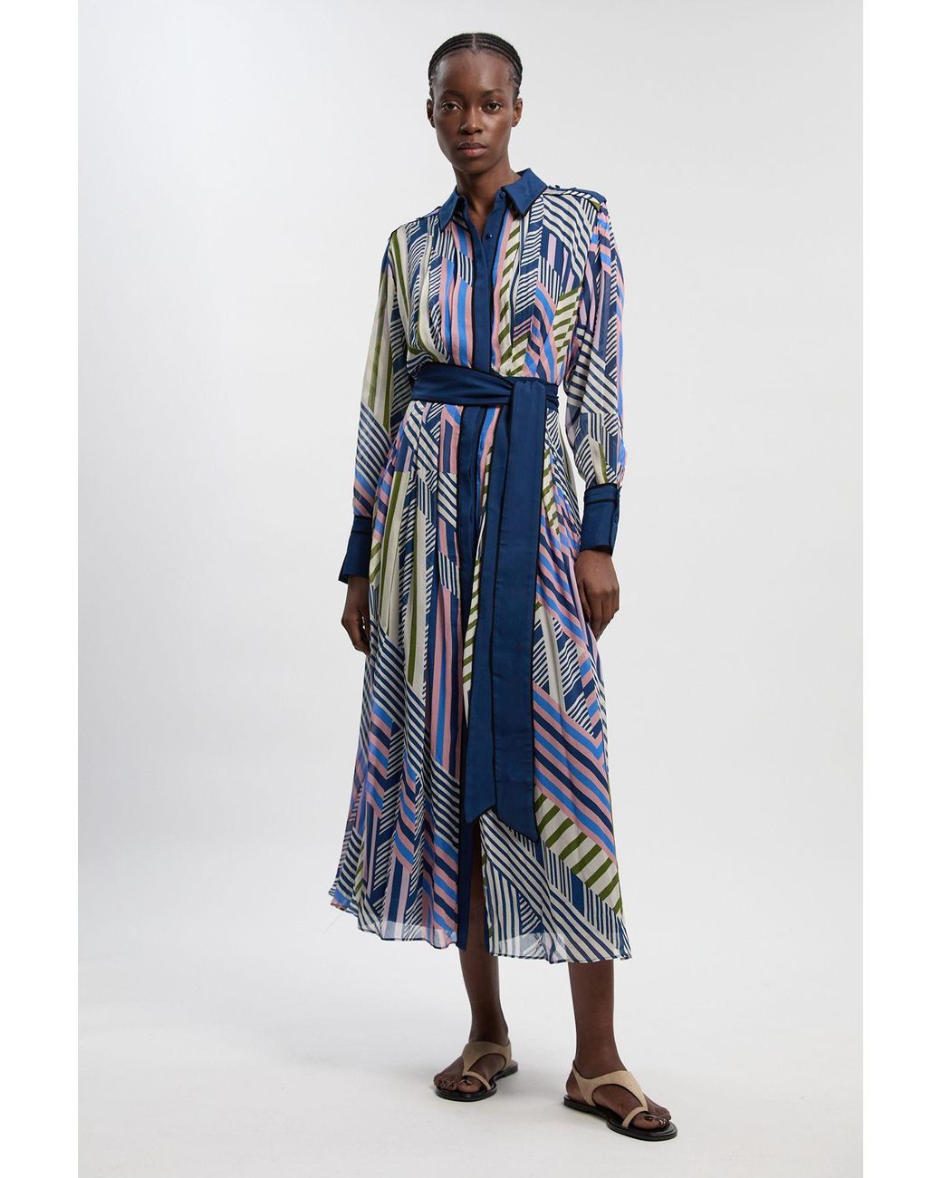 Karen Millen Blue Geo Printed Viscose Georgette Woven Maxi Shirt Dress