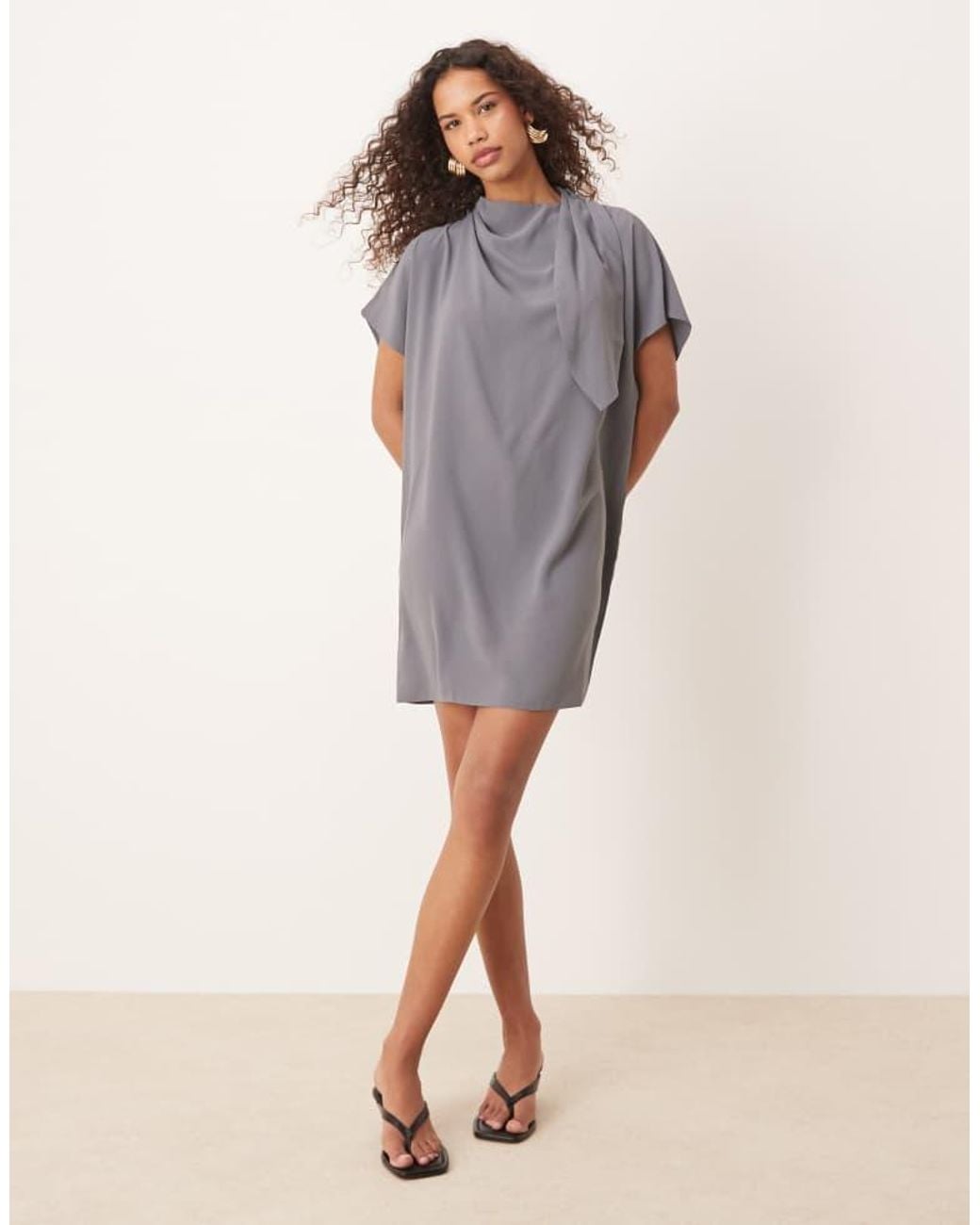 ASOS Gray Slinky Mini Dress With Neck Tie Detail