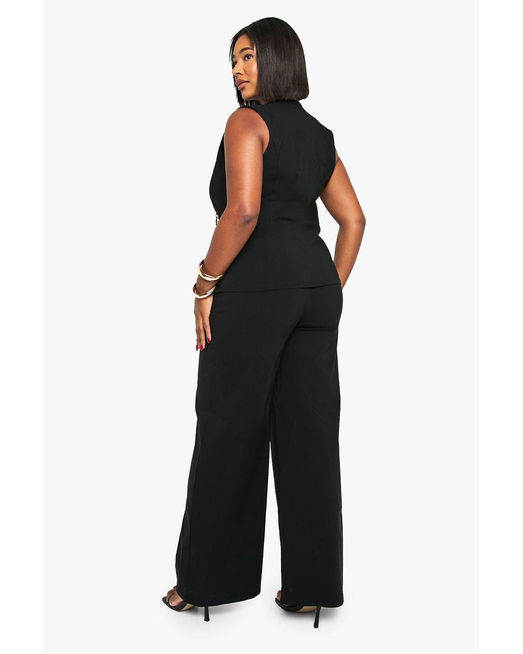 Boohoo Black Plus Detail Waistcoat And Wide Leg Trouser