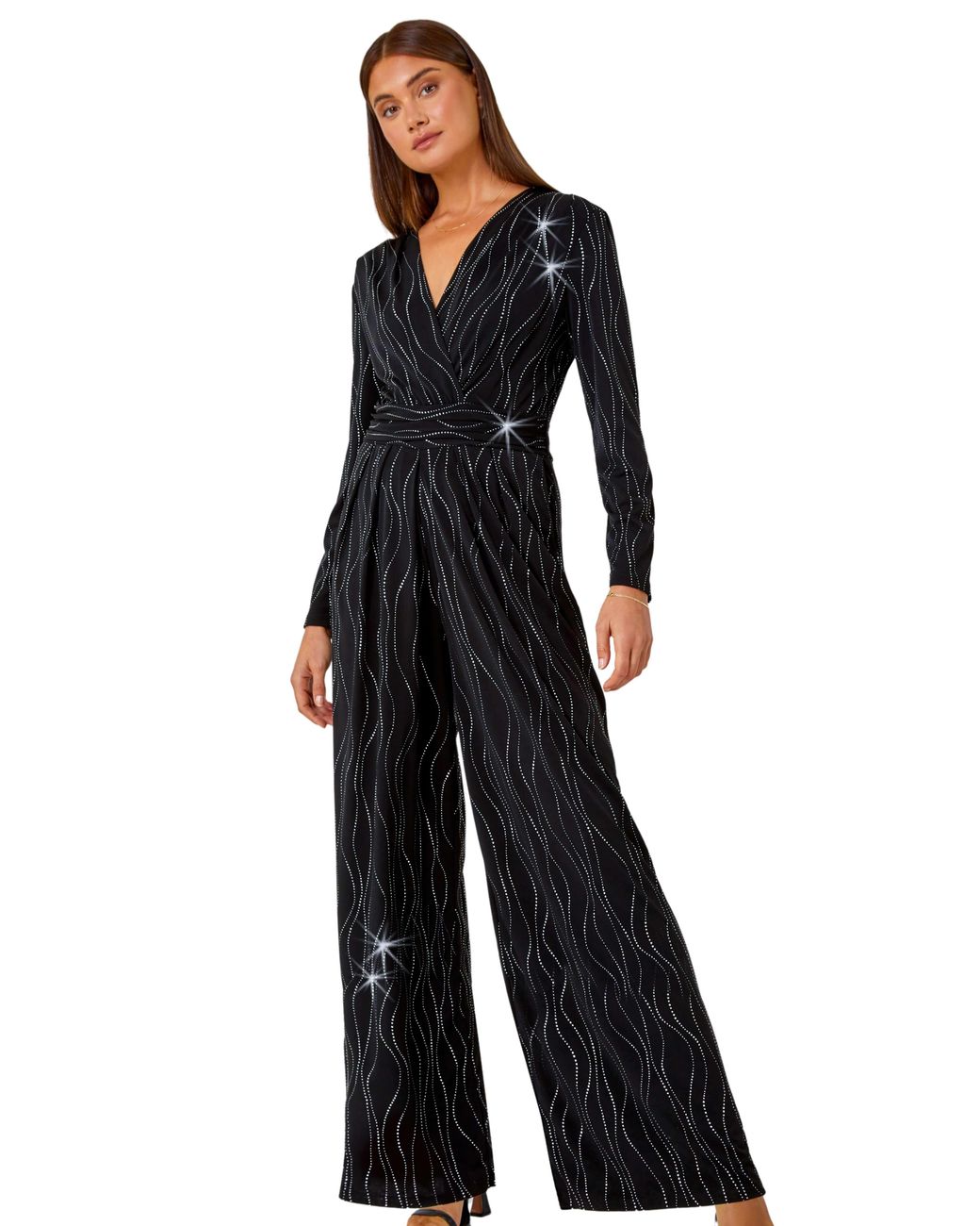 Roman Blue Embellished Wide Leg Stretch Jumpsuit