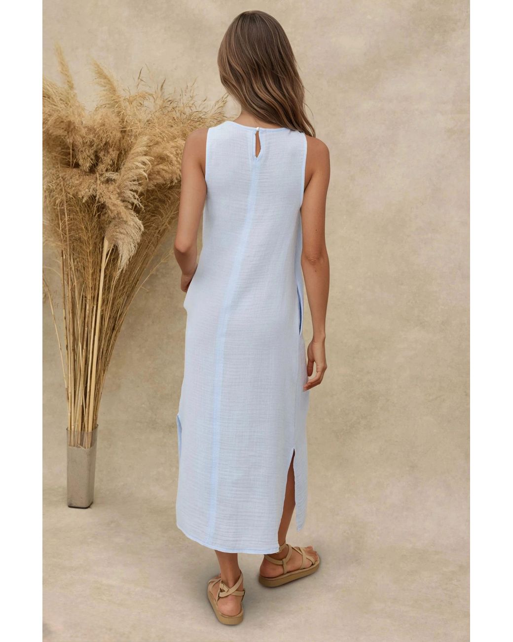 Hiccup Natural Textured Cotton Midi Beach Dress With Slit