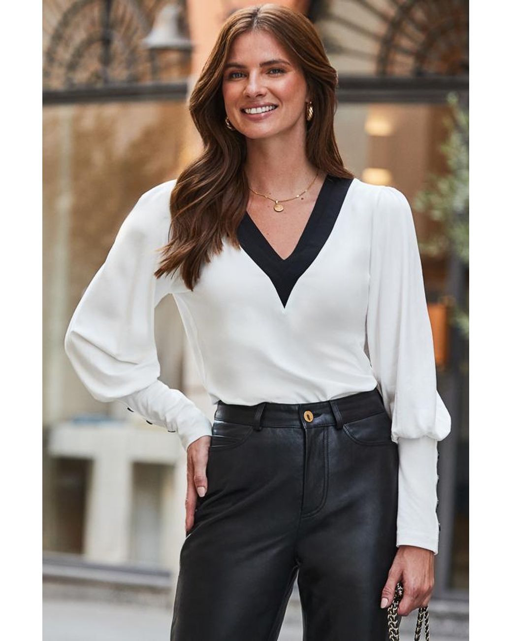 Sosandar White Contrast Blouson Sleeve Top