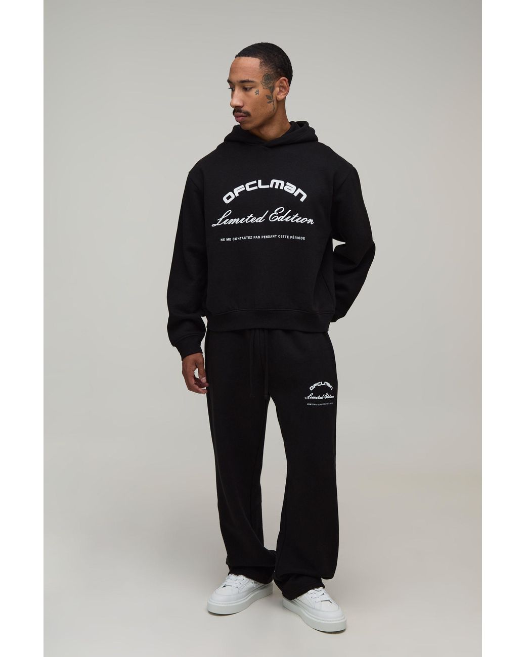 BoohooMAN Blue Oversized Boxy Plush Flock Print Hoodie & Straight Leg Jogger for men