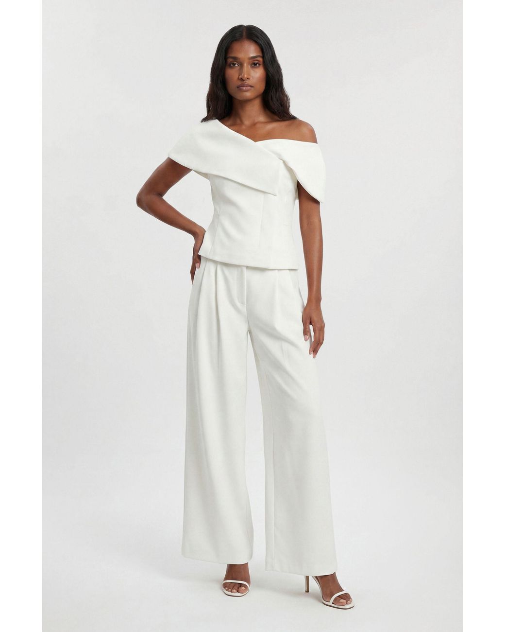 Karen Millen White Compact Viscose Stretch Tailored Wide Leg Trouser