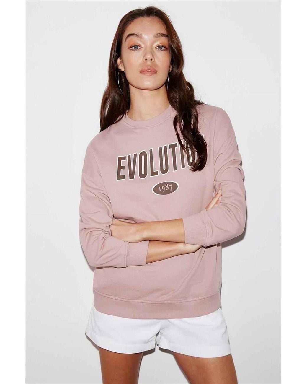 Grimelange Pink Oversized Printed Crew Neck Sweatshirt
