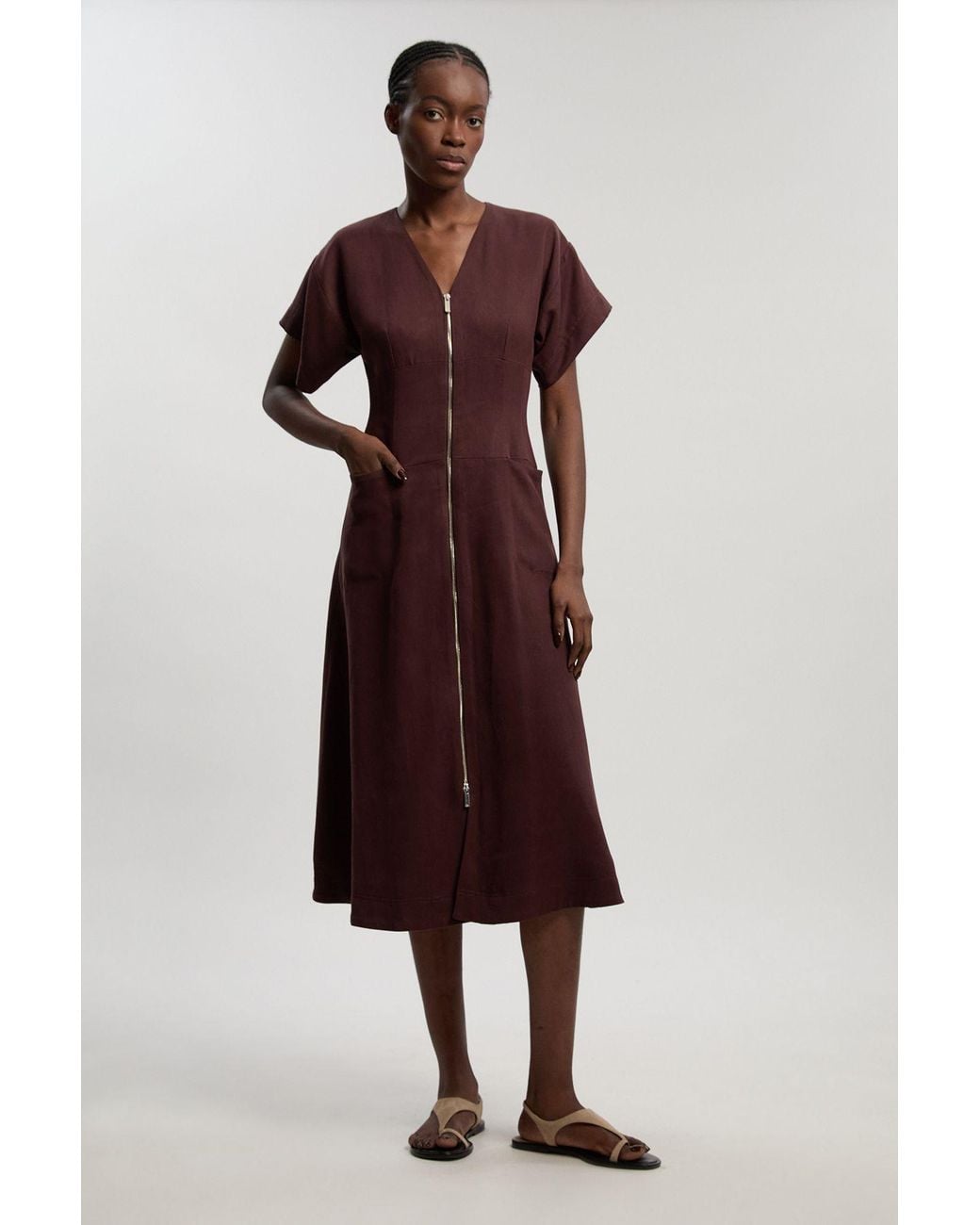 Karen Millen Brown Tencel Blend Tailored V Neck Zip Detail Maxi Dress