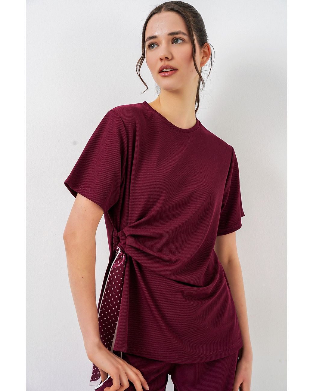 Bigdart Red Crew Neck Tie Detail Ribbed Co-Ord Set With Wide Leg Trousers