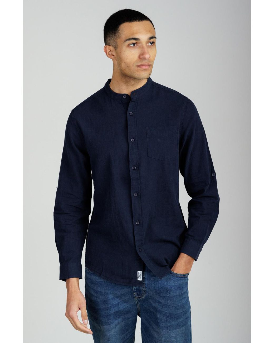 Tokyo Laundry Blue Linen Blend Long Sleeve Button-Up Shirt With Grandad Collar for men