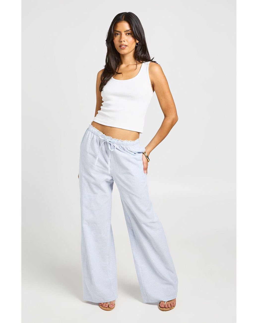 Boohoo Blue Cotton Poplin Striped Lace Trim Wide Leg Trousers