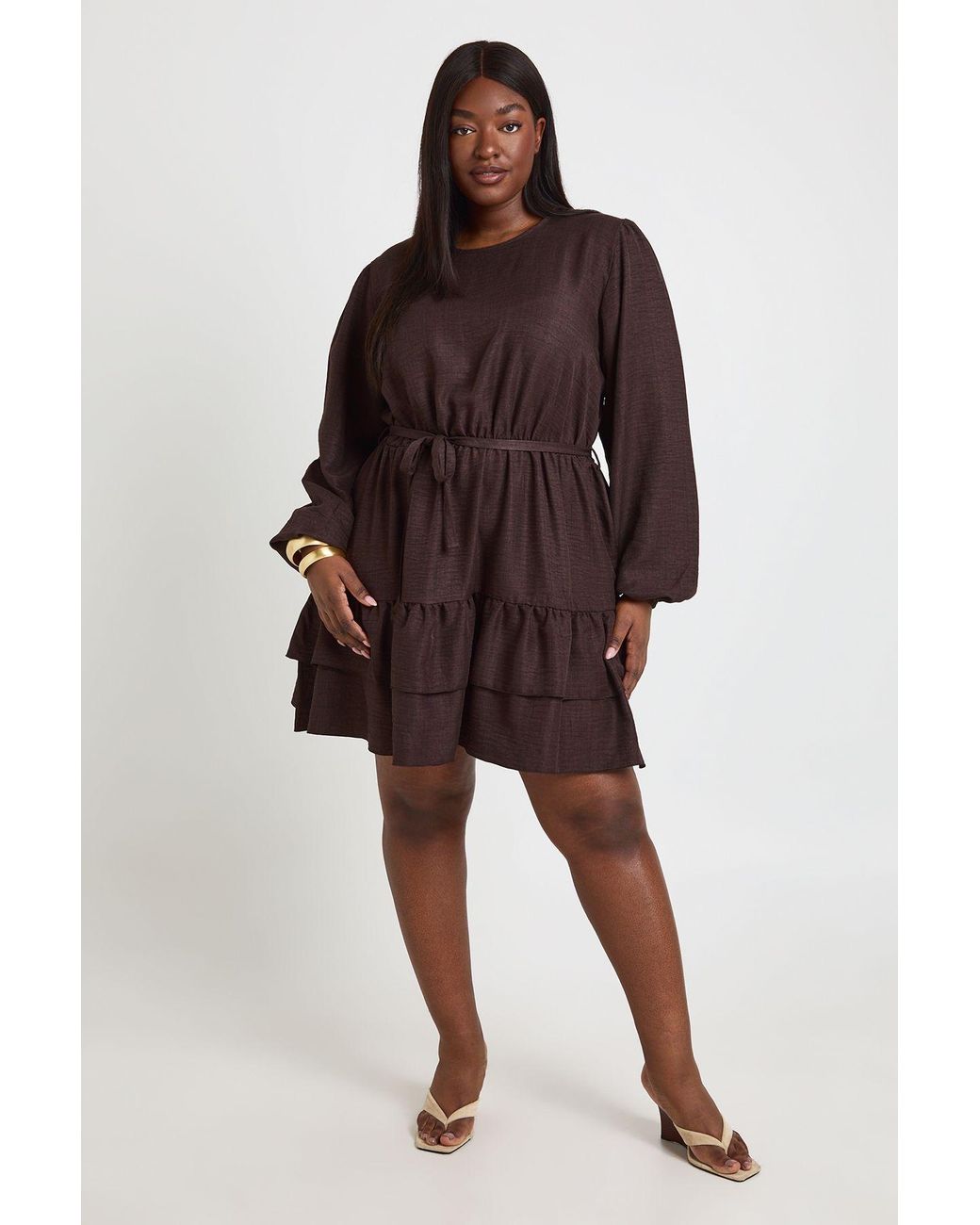 Boohoo Brown Plus Puff Sleeve Smock Dress