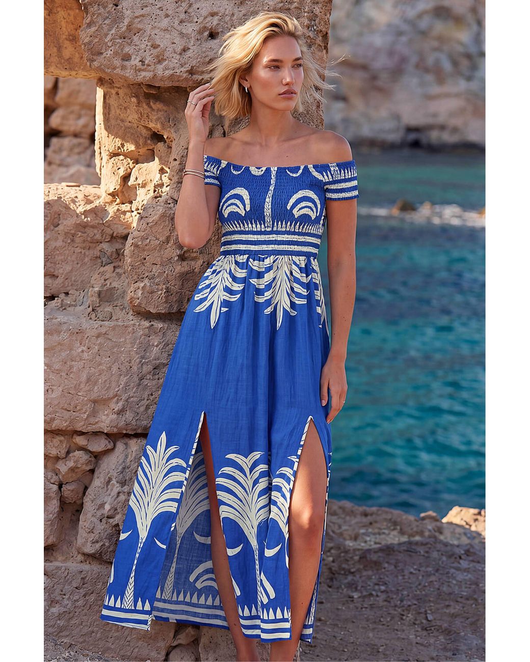 Roman Blue Leaf Print Shirred Bardot Dress