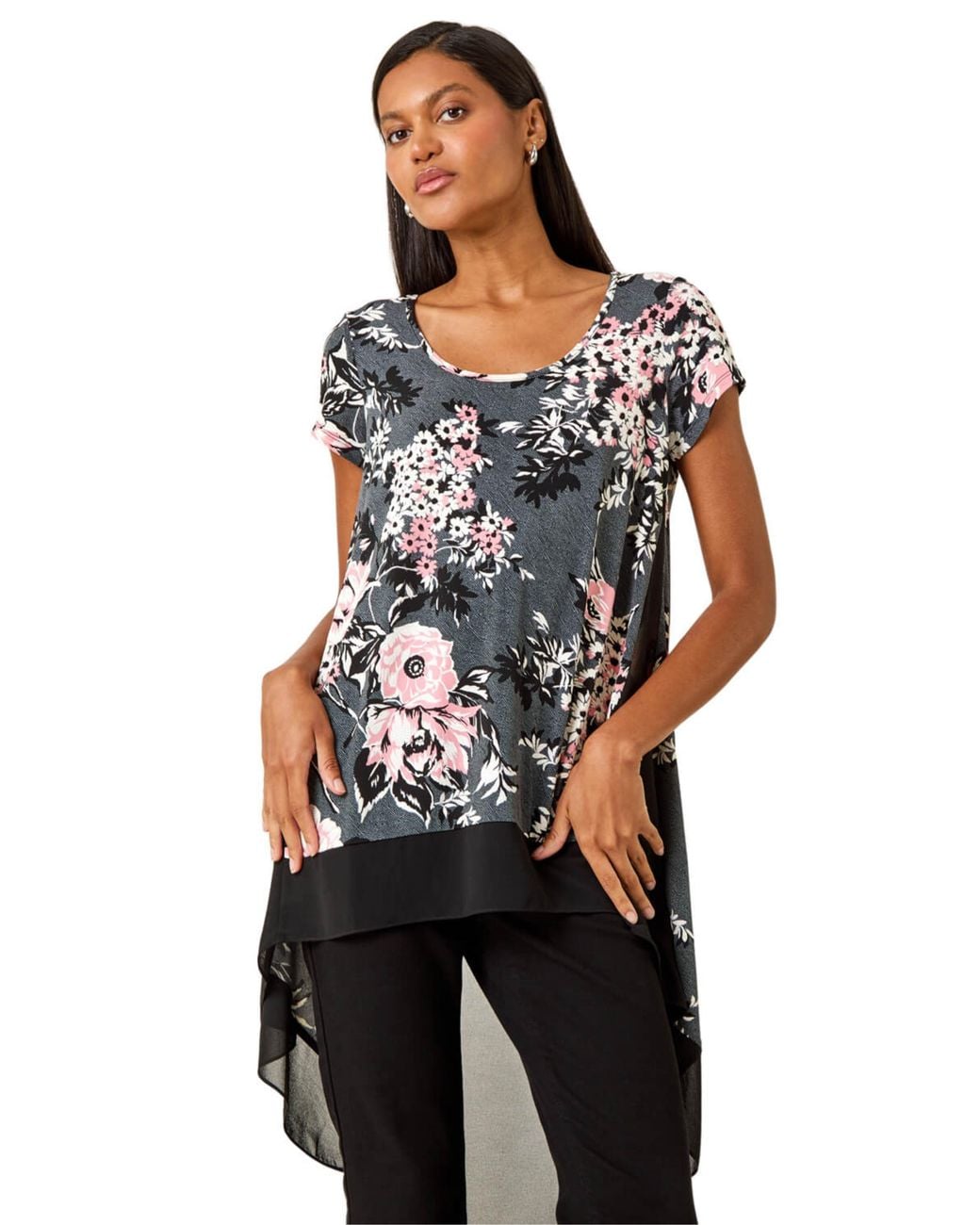 Roman Black Floral Puff Print Stretch Shirt