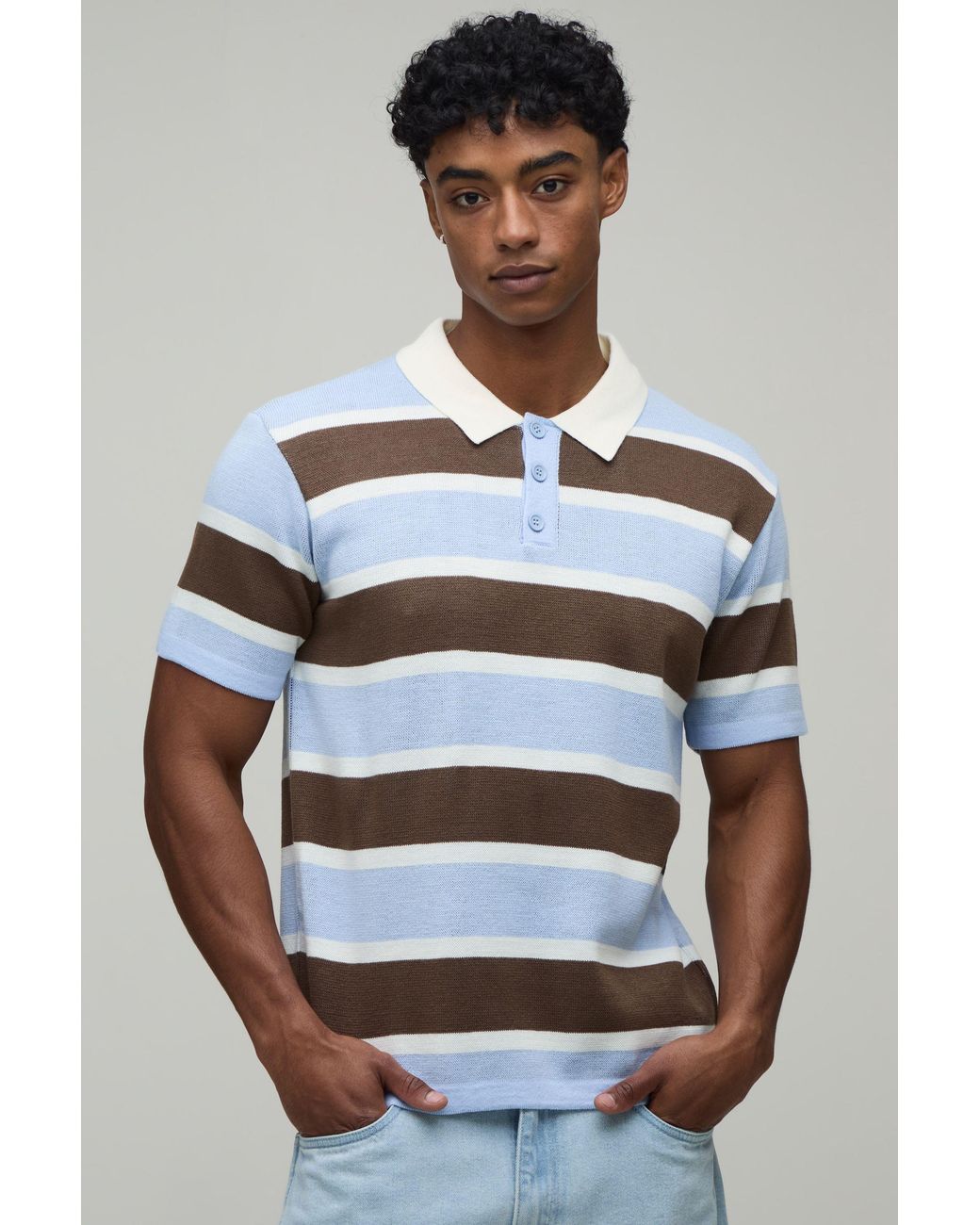 BoohooMAN Gray Regular Fit Striped Knitted Polo for men