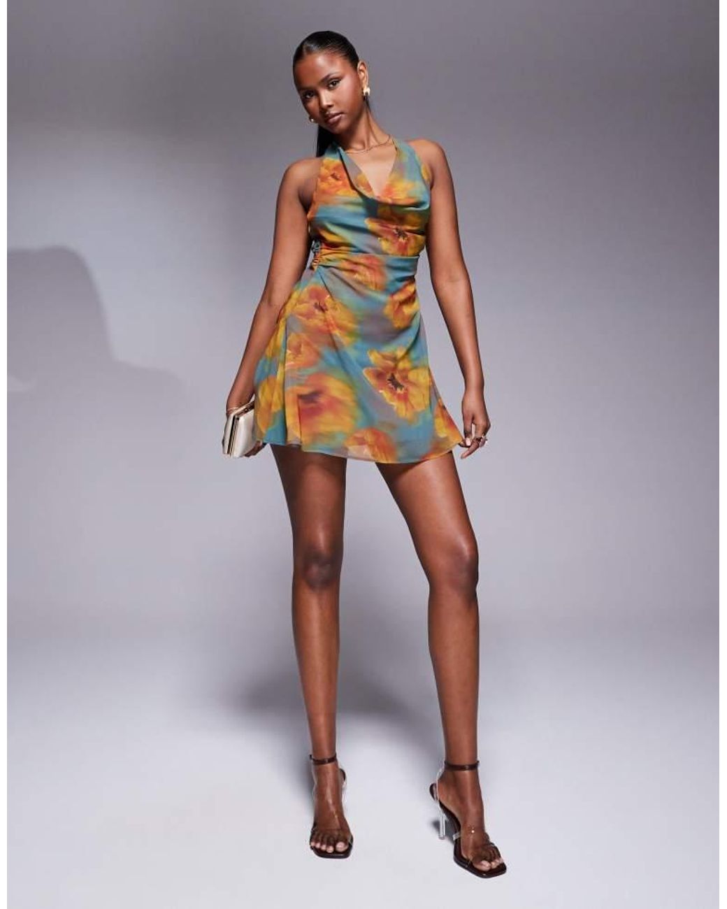 ASOS Gray Cowl Neck Chiffon Mini Dress