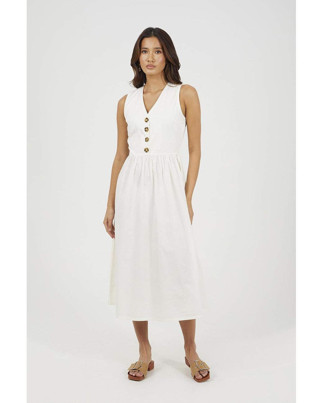 Brave Soul White Sleeveless V-Neck Button Down Midi Dress