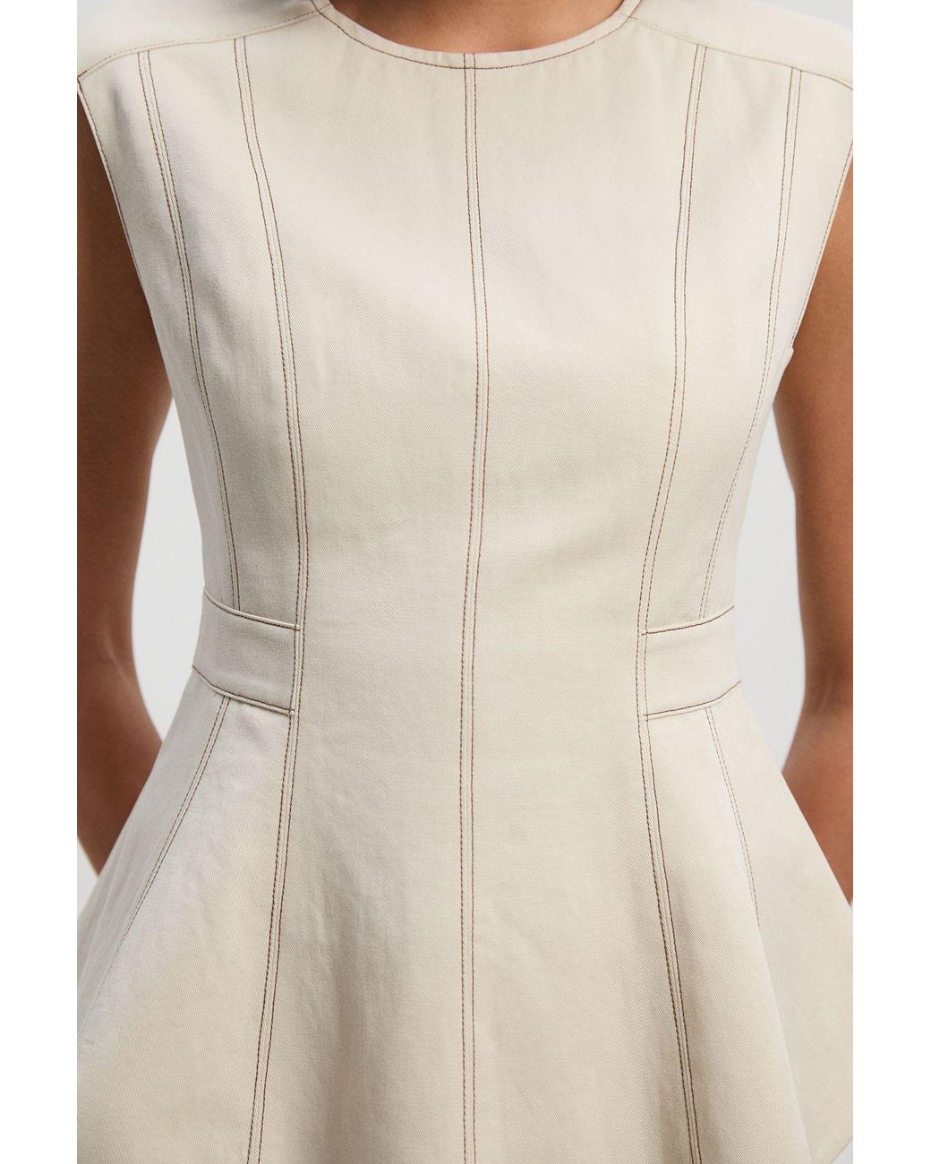 Karen Millen Natural Tencel Cotton Contrast Zip Up Woven Peplum Top