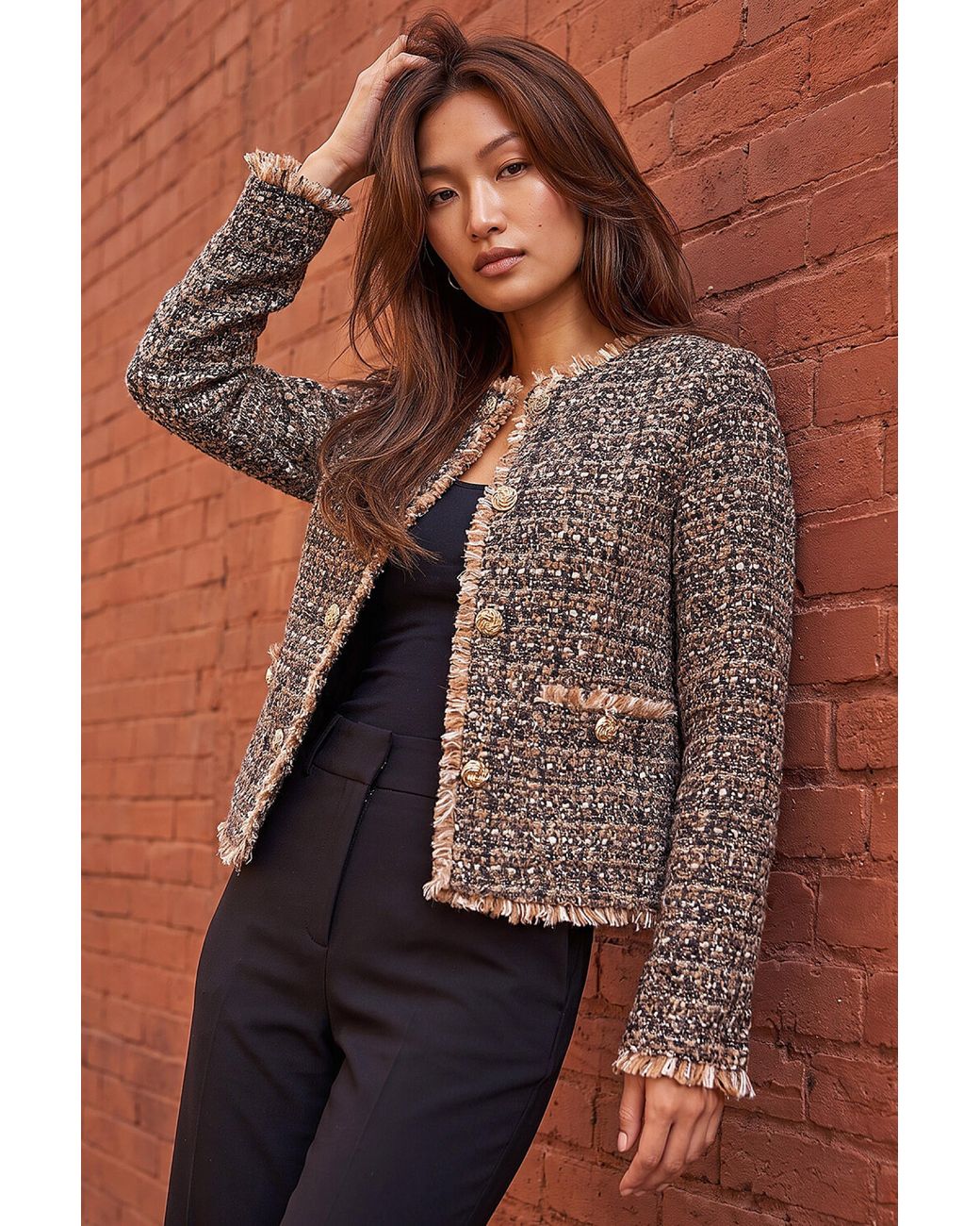 Roman Brown Boucle Frayed Edge Jacket