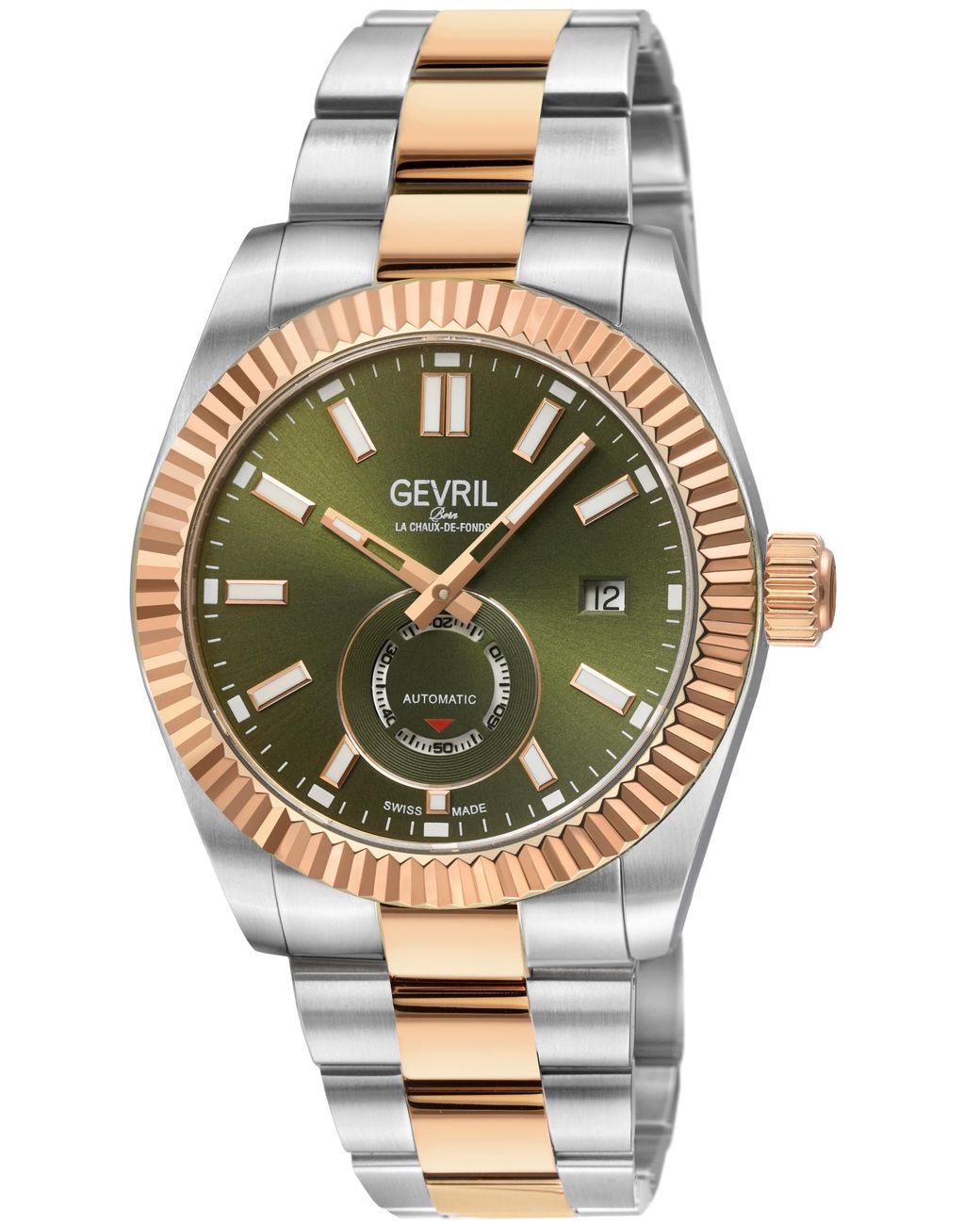 Gevril Metallic Automatic West Village 316L Stainless Steel Case,Rose Bezel Sunray Dial, Two Toned Ss/Iprg Bracelet for men