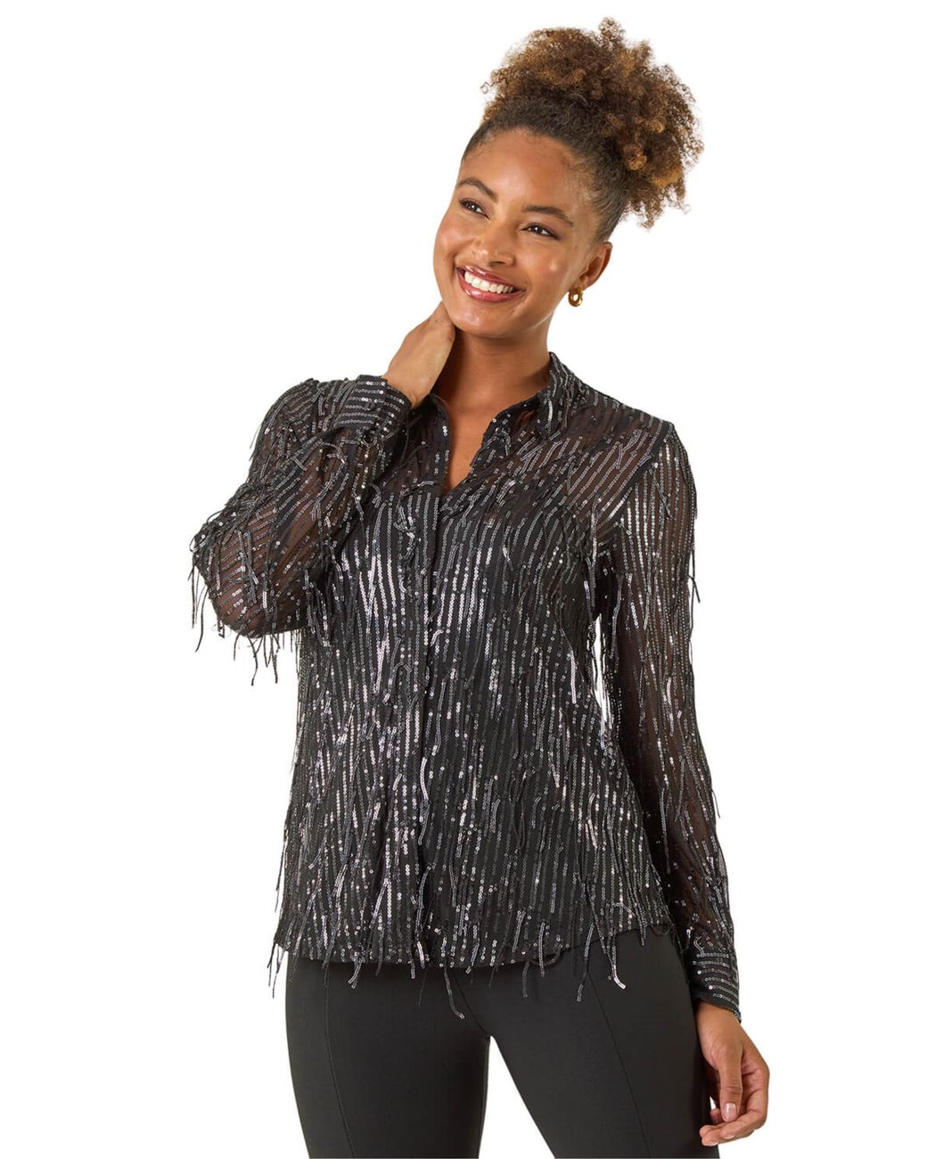 Roman Black Sequin Tassel Stretch Shirt