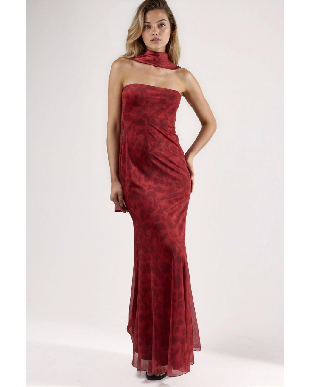 Hiccup Red Strapless Flowering Bodycon Maxi Dress