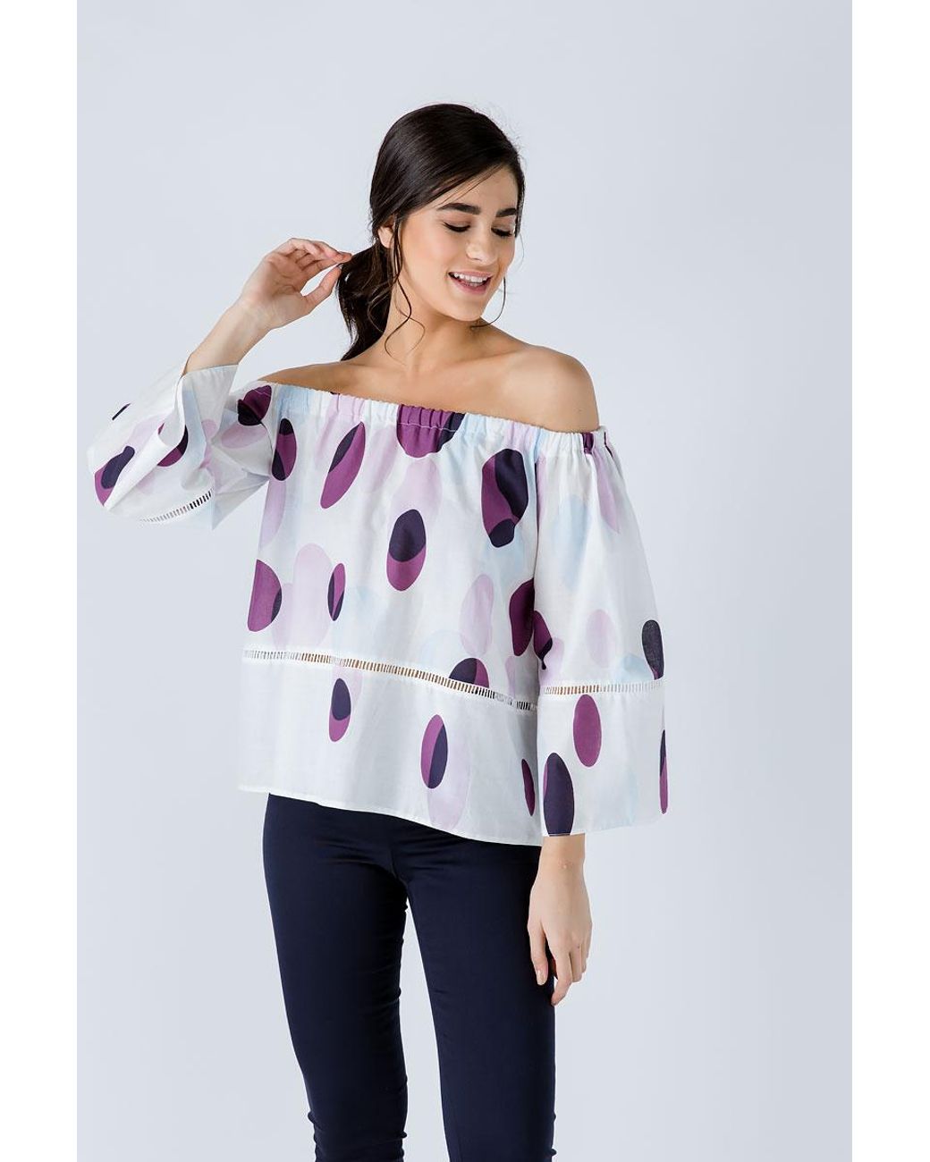 Conquista White Off The Shoulder Print Top