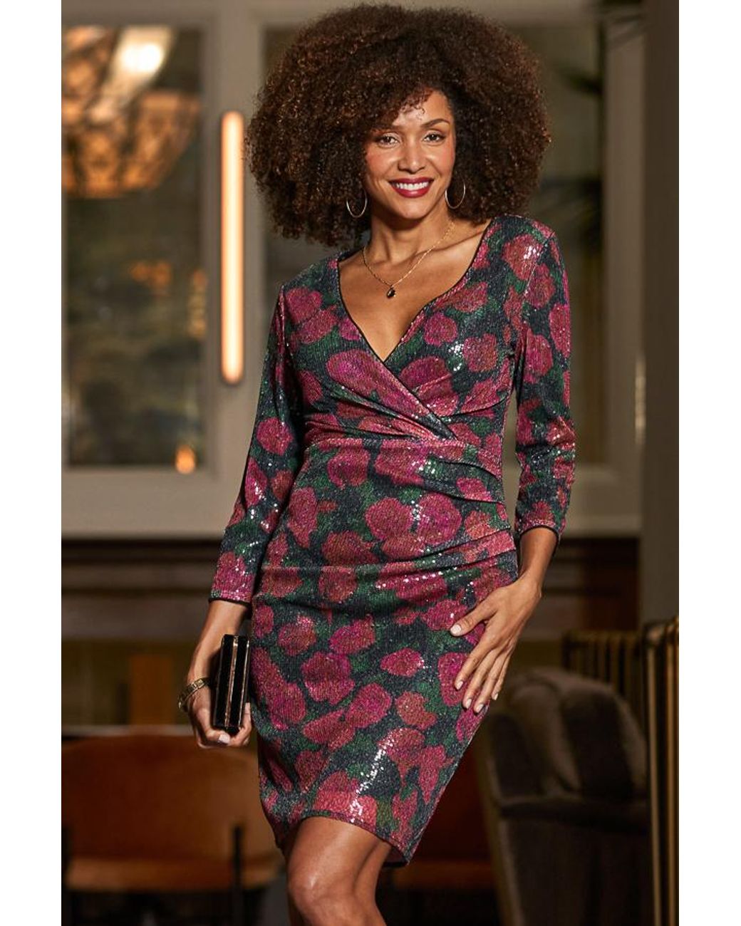 Sosandar Black Rose Floral Sequin Dress