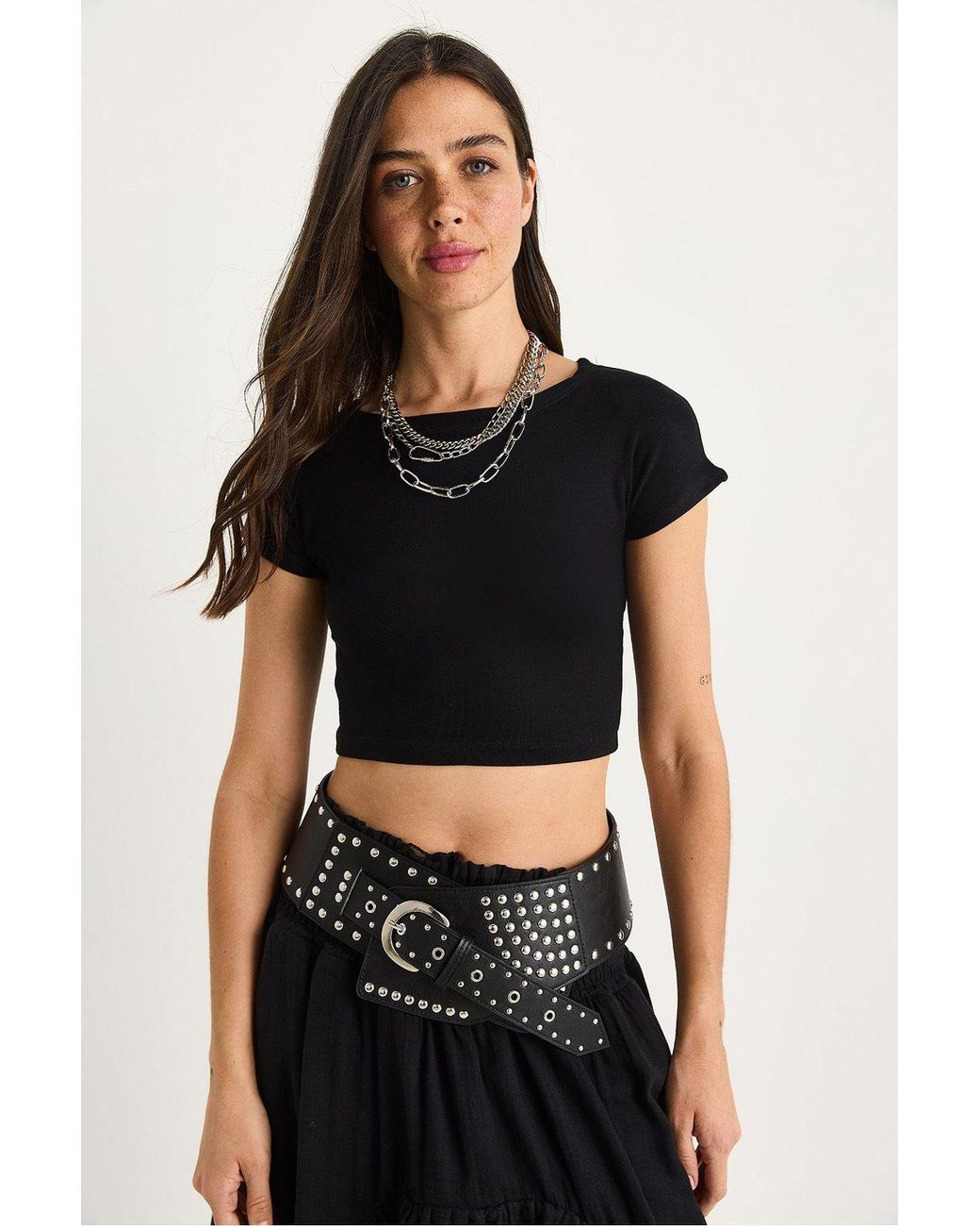 Bianco Lucci Black Basic Cotton Crew Neck Fitted Crop Top