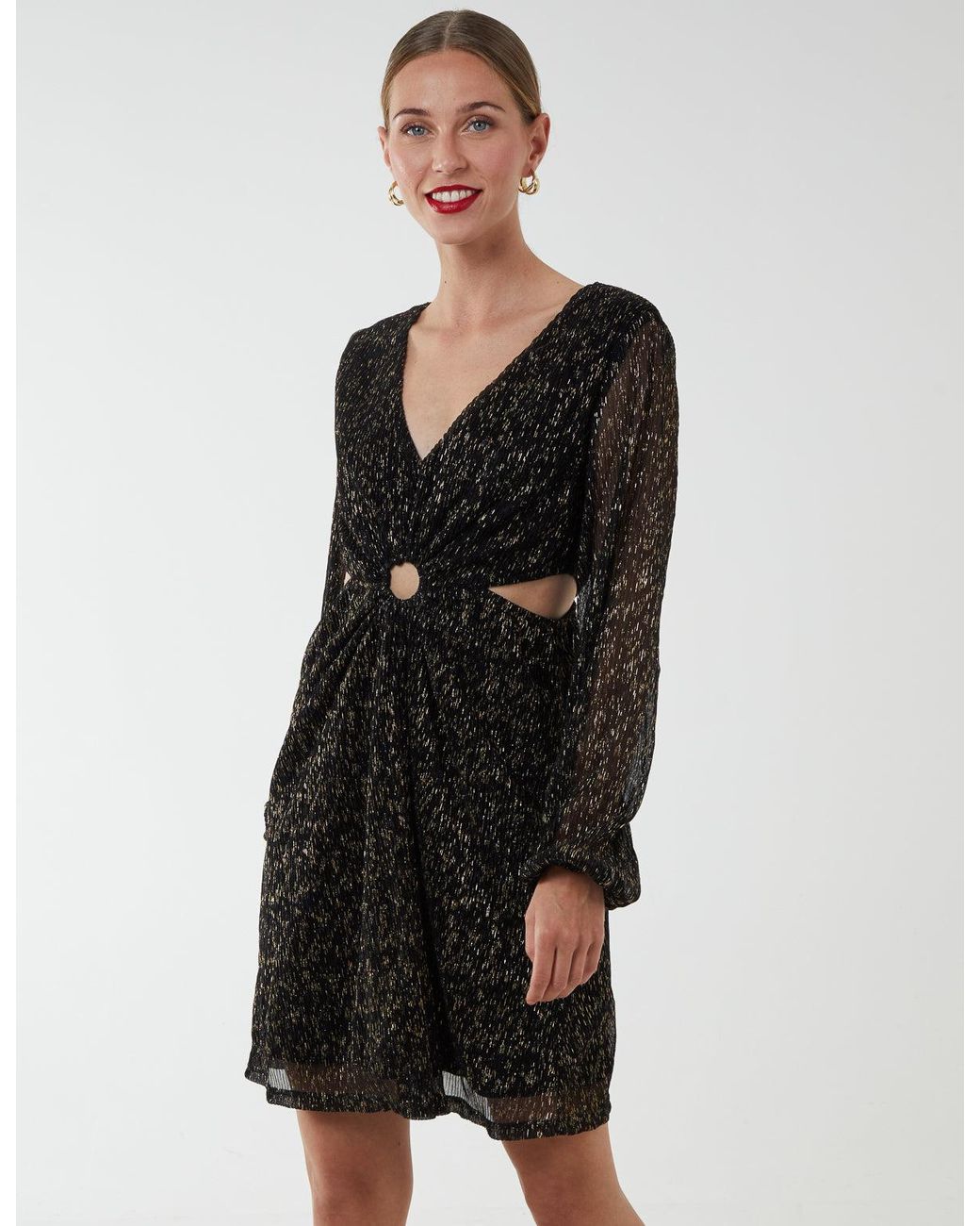Blue Vanilla Black V-Neck Long Sleeve Lurex Dress