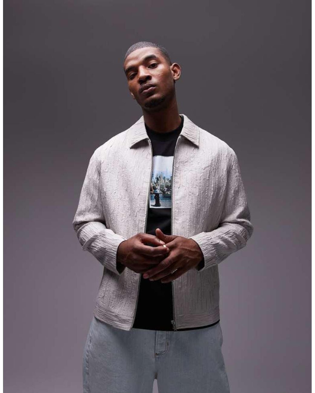 Topman Gray Premium Textured Harrington Jacket for men