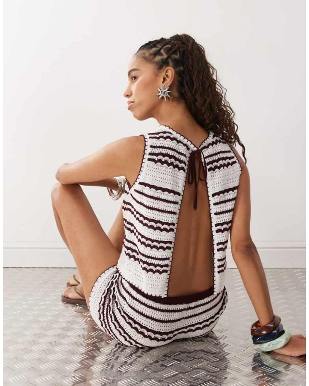 Collusion Brown Crochet Open Back Top Co-ord