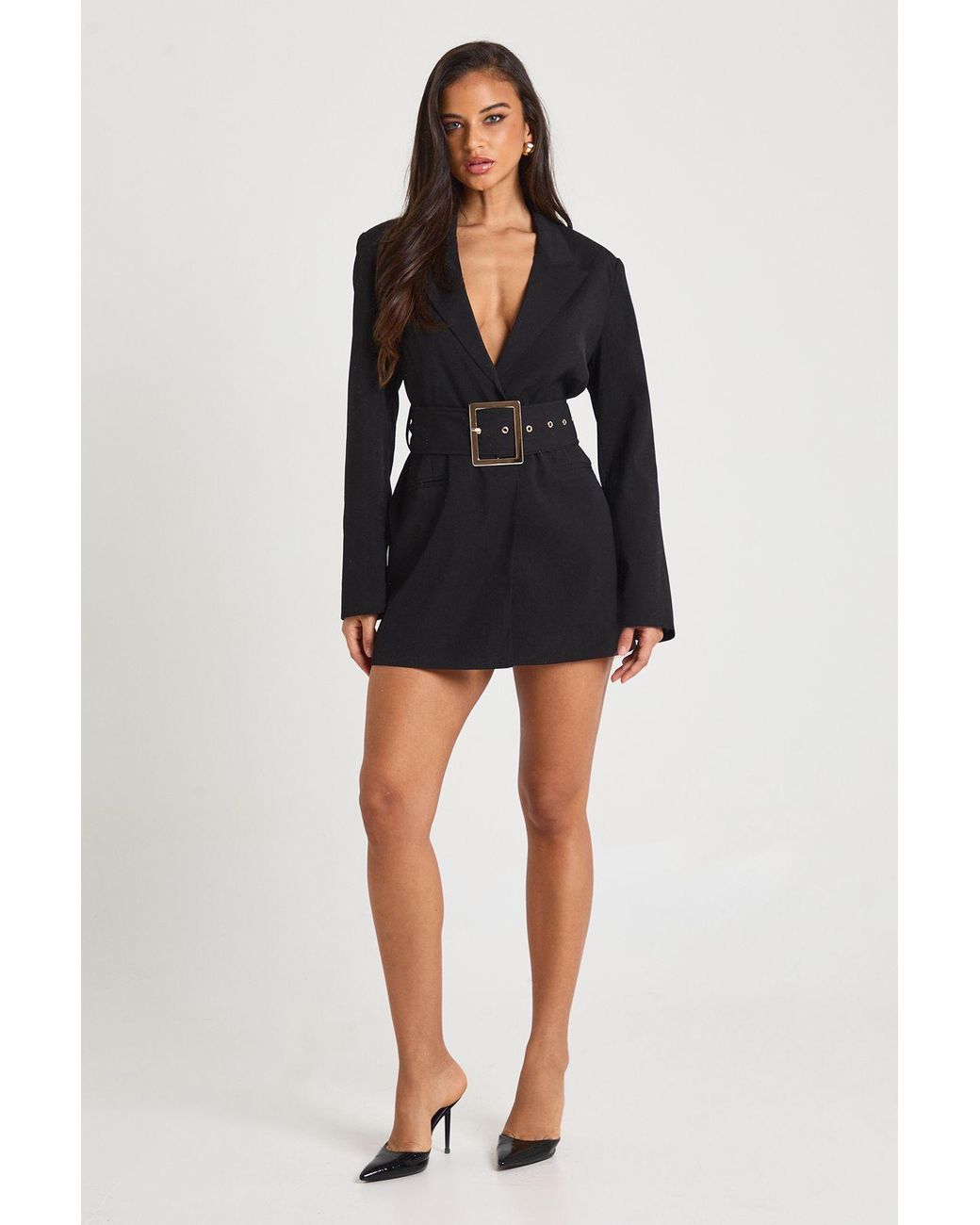 Boohoo Black Oversized Buckle Tailored Blazer Dress