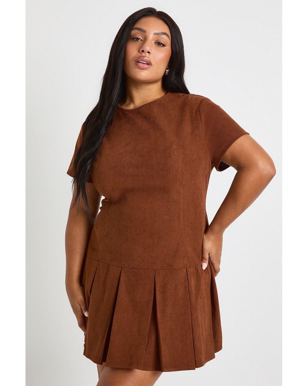 Boohoo Brown Plus Cord Pleated Hem Shift Dress