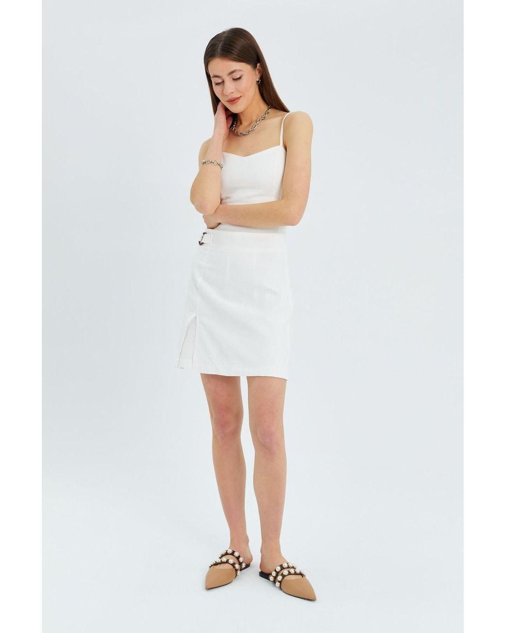 MixRay White Belted High-Waist Wrap Front Shorts With Slit Detail
