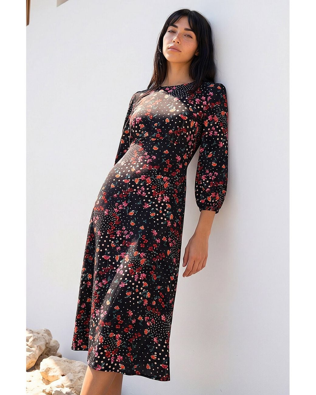 Roman Black Petite Floral Print Midi Dress