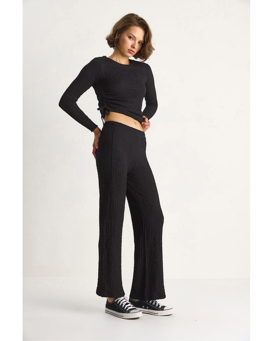 Bianco Lucci Black Fitted Two-Piece Coord Set With Flared Pants